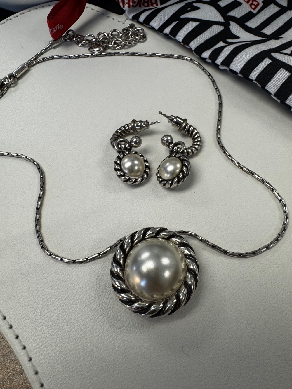 Brighton Silver-Tone DUAL Pearl & Crystal Rope Pendant Necklace and Earrings Set